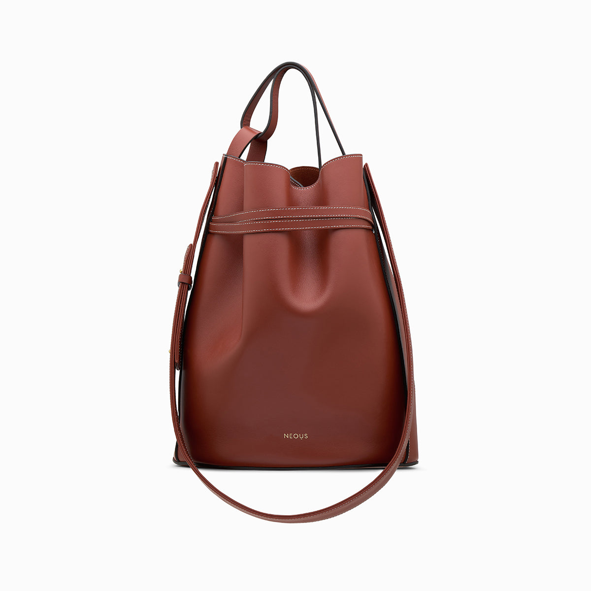 Brown Genuine Leather Top Handle Minimalist Bucket Bag With Wide Strap